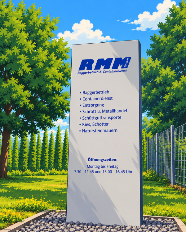 RMM Firmenschild im sonnigen Garten